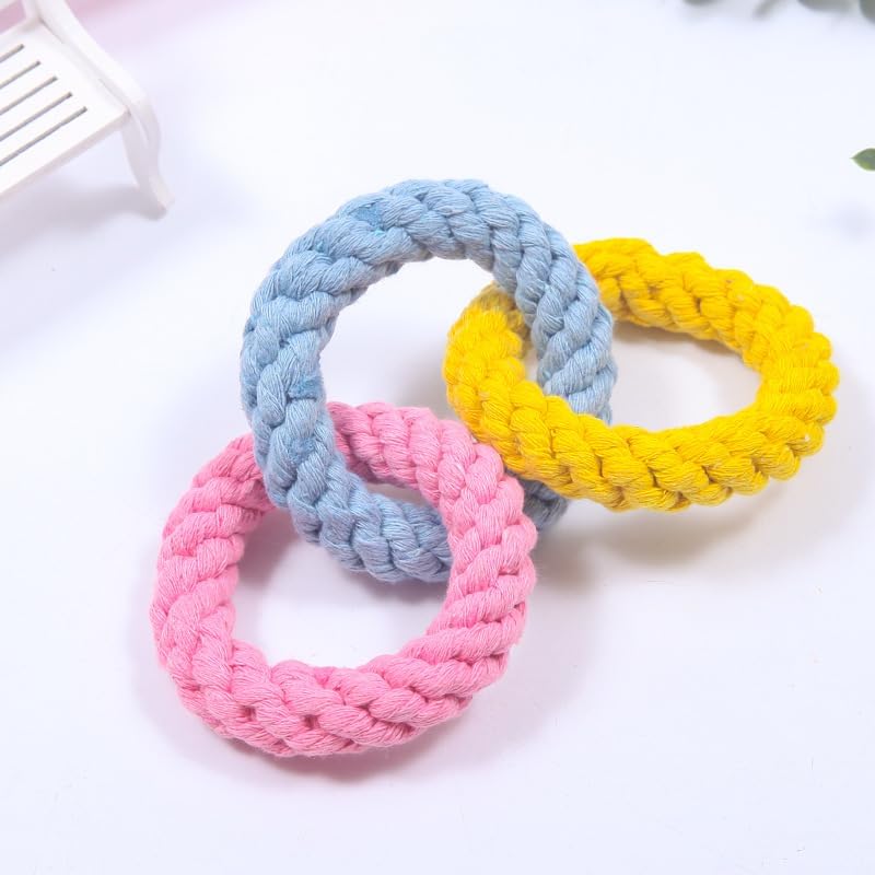 Tri-Color Cotton Rope Triple Ring Dog Chew Toy, Pink-Yellow-Light Blue