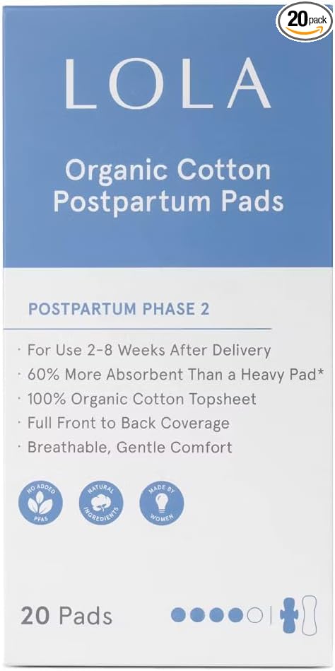 LOLA 100% Organic Cotton Postpartum Pads - 20 Count, Ultra Absorbent and Extra Long Pads, Overnight and Full Coverage, Adult Incontinence Pad for Women, Postpartum Essentials Phase 2