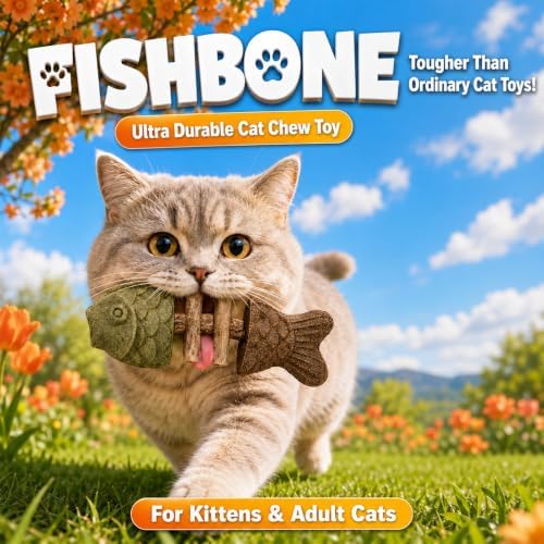 Cat Chew Toy Natural Silvervine Catnip Blend Fish Bone Shaped Teething Sticks for Indoor Kittens to Bite and Play with Fun Stimulation for Pet Mouth Dental Care and Teeth Cleaning