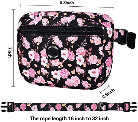 Petmolico Neoprene Dog Treat Pouch, Auto Closed Dog Training Pouch Fanny Pack Wasit Bag with Dog Poop Bag Dispenser for Hands-Free Dog Walking, Pink Peony