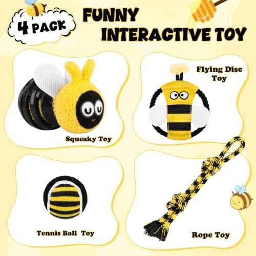 4 Pack Dog Squeaky Toys, Bee Interactive Toys Set, Natural Rope Tug Toy, Crinkle Flying Disc, Tennis Ball ，Puzzle Feeder, Safe Durable Dog Toys for Small Medium Dogs Indoor Outdoor Play