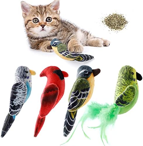 Cat Catnip Toys Interactive Cats 4pcs Kitten Plush Nip Chew Bird Toy with Crinkle Paper Pet Best Treats Stuffed Pillow Cute Teething Play Gifts Soft Kick Sound Supplies for Indoor Kitty