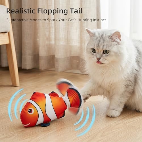 Flopping Fish Cat Toy, Interactive Moving Plush Cat Kicker Toy with Catnip Pocket, USB Rechargeable Automatic Wiggle Clownfish Toy for Indoor Kitten & Small Dogs, Single Clownfish（9.84Inch）