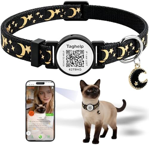 Upgraded Smart Cat Collar: Real-Time Scan Alerts & Shareable Pet Profile, Breakaway Safety Collar with QR Code ID Tag - Stars & Moon Design, No Monthly Fee (Black)