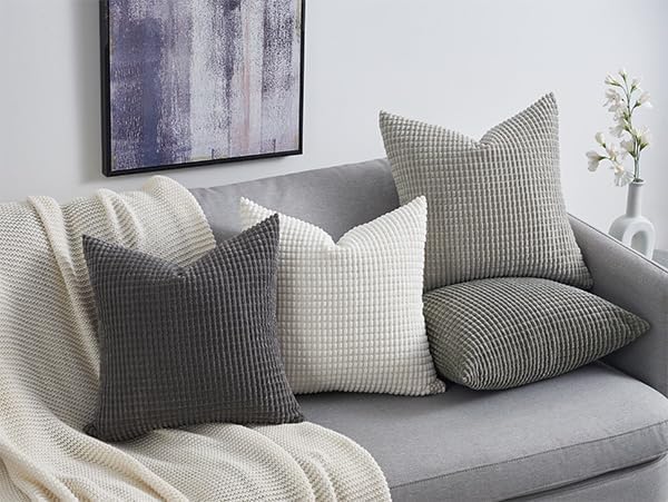 Topfinel 4 Packs Grey Decorative Throw Pillow Covers 22x22 Inch for Living Room Couch Bed Sofa, Boho Western Farmhouse Home Decor, Square Soft Moss Corduroy Fall Cushion Case 55x55 cm