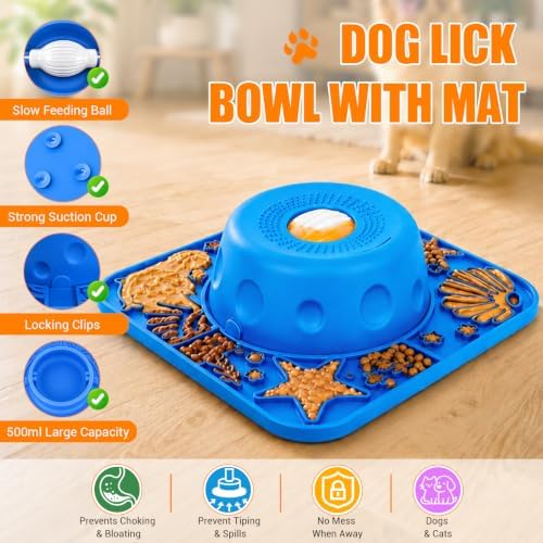 2-in-1 Slow Feeder Dog Bowl with Rolling Ball, Large Silicone Dog Lick Bowl