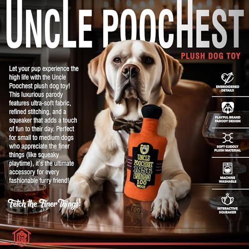 Uncle Poochest – Luxurious Parody Plush Dog Toy with Squeaker, Premium Fabric, Embroidered Details, Designer-Inspired Chew Toy, Fun Gift for Medium Dogs & Dog Lovers