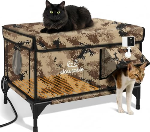 Indestructible Heated Cat House with Pet Camera for Outside Winter, 100% Waterproof, Escape Door, Insulated Outdoor Cat Shelter with Heater for Feral Barn Cat Kitty (Desert Camouflage, 25.5"x16"x18")