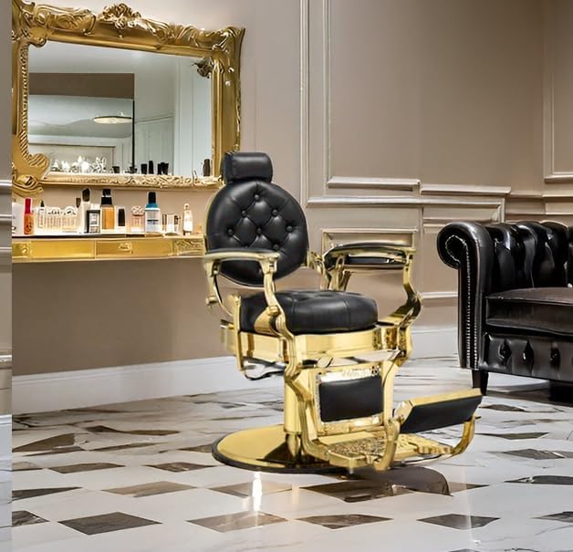 Kaleurrier Hair Styling Chair Reclining: Men’s Barber Chairs for Barber Station - Heavy Duty Salon Chair with Footrest for Hair Stylist Wide Seat Gold and Black