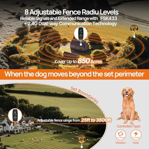Fsitego Wireless Dog Fence System, 4‑in‑1 Electric Dog Fence with Training Collar, Remote Control & Status Monitor, Waterproof Receiver for Medium & Large Dogs, Outdoor Use
