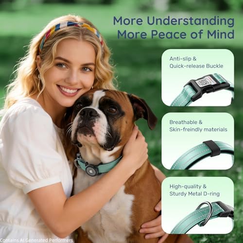 Reflective Dog Collar with AirTag Holder, Waterproof Dog Collar with QR Code, Heavy Duty Adjustable Pet Collar for Small Medium Large Dogs, Teal