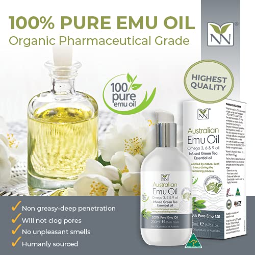 Y Not Natural Pure Emu Oil - Organic Moisture for Face, Body, Hair, Scalp & Nails - Rich in Omega 3-6-9, Vitamins & Essential Minerals - Australian Emu Oil (200ml) 6.76 fl oz - Green Tea