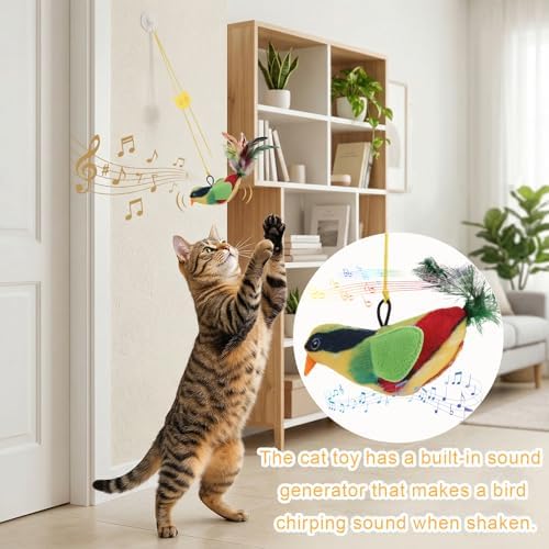 4 Pcs Interactive Cat Toys for Indoor Cats, Chirping Bird Cats Feather Toys, Flying Bird Cat Toys, Chase Exercise Door Frame Toy for Bored Kittens Adult Cats