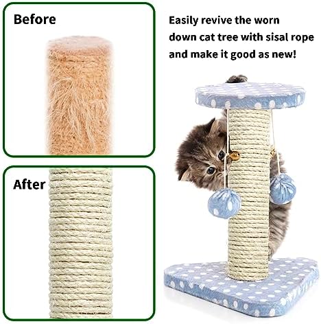 White Sisal Rope 1/4 Inch by 32-Feet for Cat Scratching Post Tree Tower Replacement Repair and Replace, DIY Hemp Twine Rope for Kittens Shelves Furniture Window Bed Perch House Climbing, 6mm by 10m