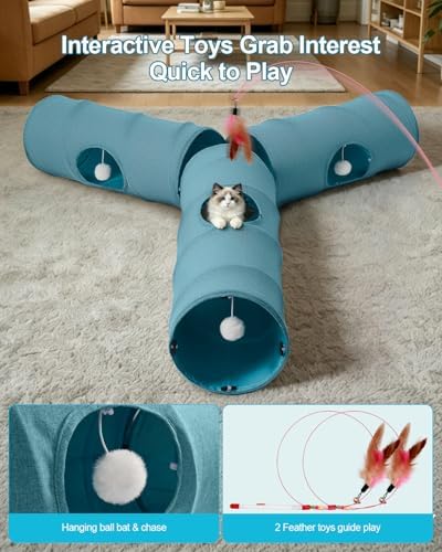 Cat Tunnel, 3 Straight Shaped Tunnels 6 DIY Shapes with Wand Toys, No Noise Scratch Resistant Cool Linen Fabric, Interactive Pet Tunnel Tube for Indoor Cats, Puppy and Rabbits