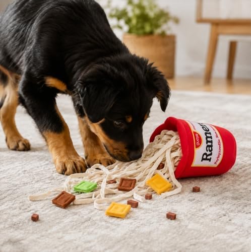 Ramen Cup Dog Toy, Interactive Dog Puzzle Toy, Hide and Seek Snuffle Game, Treat Dispensing Plush Noodle Cup, Nose Work, Food Hiding, Crinkle Toy and Dog Enrichment Game for Small and Medium Dogs