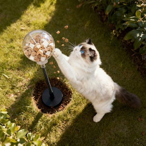 2 Pack Cat Toys for Outdoor, Plastic Treat Ball with Spring and Metal Stake, Cat Treat Dispenser, Toy for Cats to Keep Them Busy, Kitten Toys