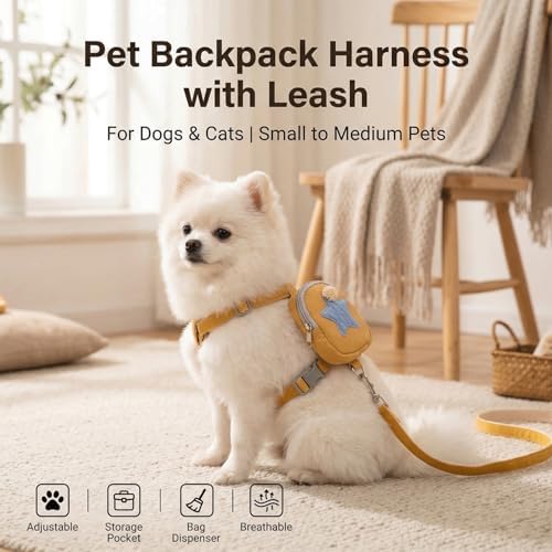 Pet Backpack Harness with Leash for Dogs and Cats, Adjustable Vest with Storage Pocket, Poop Bag Dispenser, Soft Breathable Nylon for Small Medium Pets Walking Hiking Travel (Yellow)