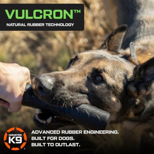 Monster K9 Chew Stick | Virtually Indestructible. Lifetime Guaranteed. | USA Made | VULCRON™ Natural Rubber | Durable, Heavy Duty Tug & Fetch Dog Toy for Aggressive Chewers | Med/Large Breeds, 9x1.75”