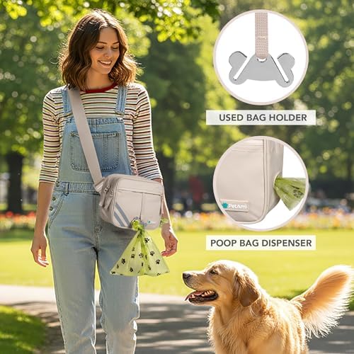 PetAmi Dog Walking Bag, 3-in-1 Crossbody Fanny Pack Treat Pouch, Beige