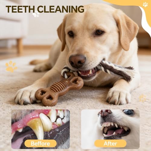 Dog Chew Toys for Aggressive Chewers – Puppies & Adults, Multiple Textures & Rope， ndestructible Tough Durable Interactive Dog Toys， Brown Bone