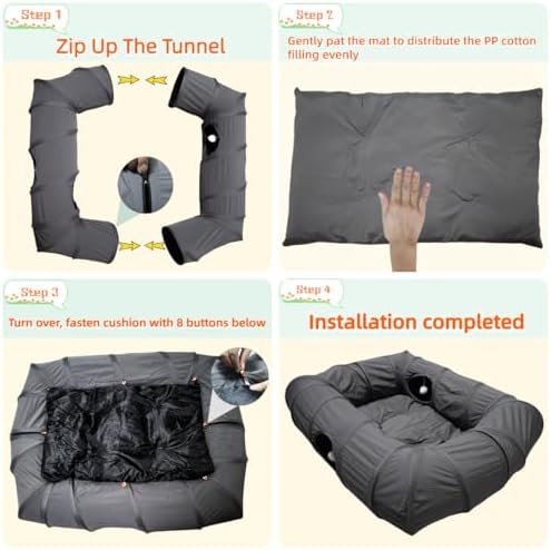 XxingSheep 4 Ways Shuttled XL Cat Tunnel Bed for Indoor Cats Peekaboo Cat Cave Donut with Cool Mat (Dark Gray)