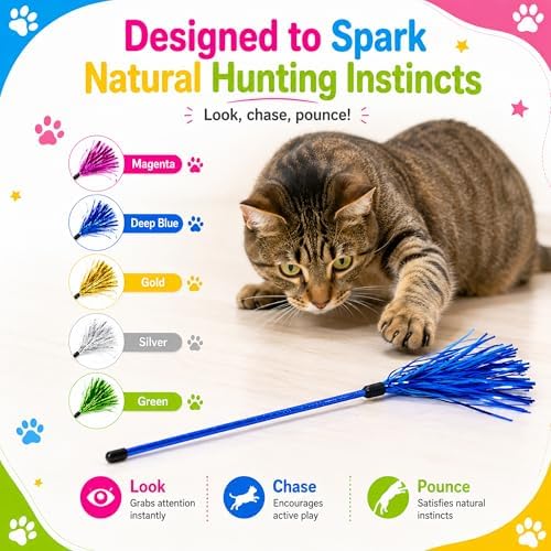 ADUCK Tinsel Cat Wand Toys for Indoor Cats, Interactive Kitten Toys, 5 Pack