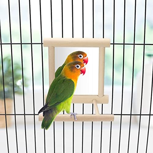 Wontee Bird Mirror with Perch for Parakeet Cage Bird Toys (Wood Color)