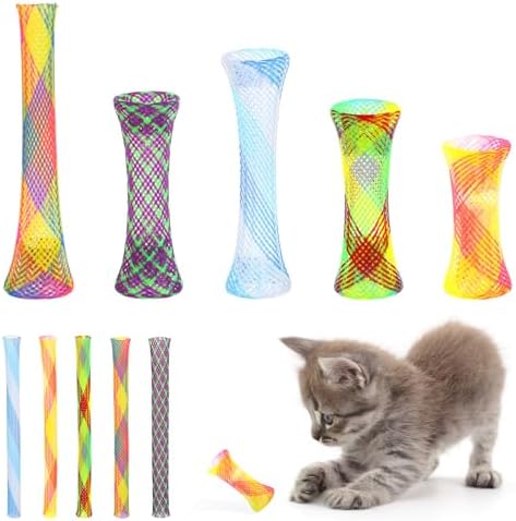 50 Pcs Fun Tubes Cat Toy Kitty Spring Coil Toys Colorful Indoor Interactive Mesh Telescopic Cats Tube for Attract Pet to Hunt Swat Bite Chase Pounce Scratching