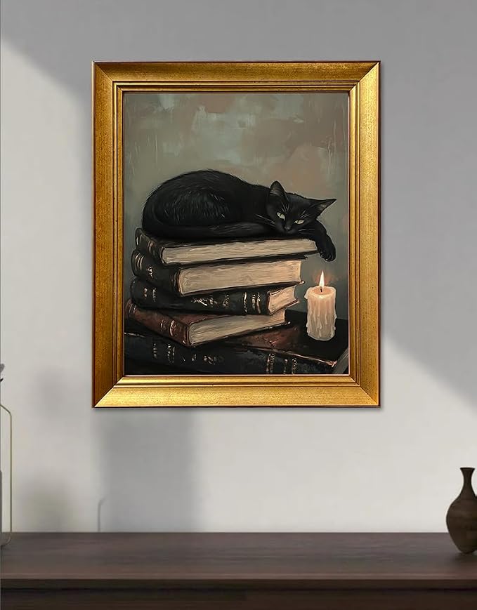 Framed Vintage Cat Wall Art for Bedroom Decor Antique Painting Black Cat Wall Art Canvas Print for Study Room Living Room Home Decor Aesthetic
