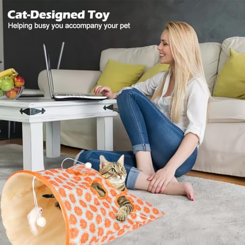 SYCOOVEN Cat Tunnel Bag for Indoor Cats, Pet Collapsible Tunnel Crinkle Sack Bag with 1 Little Mouse & Toy Ball, Crinkle Paper Interactive Cat Toys Hide and Seek(Orange Pattern)