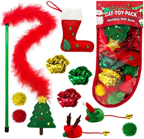 Cat Christmas Stocking, 10 Pack Gifts for Christmas, Interactive Feather Toy with Catnip, Cat Ball Toys, Crinkle Balls, Mice Toys for Indoor Cats & Kitten