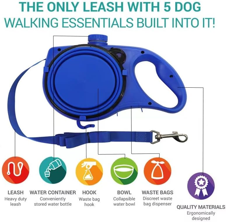 Retractable Dog Rope, Multifunctional pet Dog Rope, Built-in Water Bottle Bowl Garbage Bag Dispenser, Outdoor Walking and Running Traction Rope pet Supplies（Black）