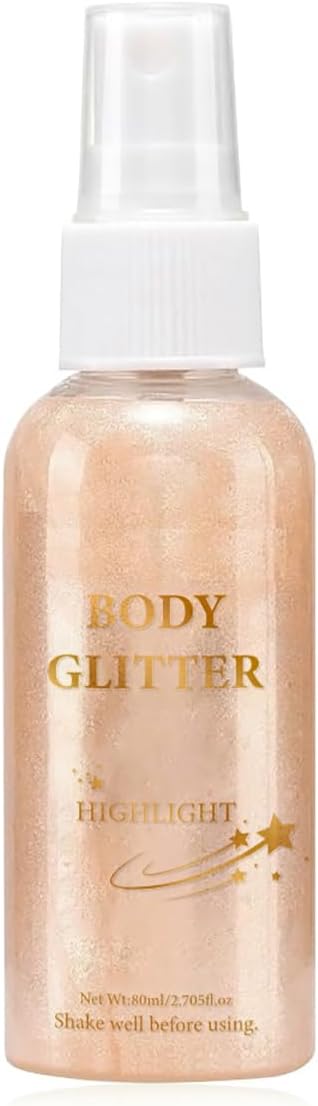 Body Glitter Spray Highlight, 4 Shimmering Color, Quick-Drying Formula Moisturizing Liquid Highlighter for Black/White Skin Women Men for Party, All Body Parts (# 02 Rose Gold)
