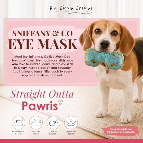 Dog Diggin Designs Sniffany & Co Plush Eye Mask Dog Toy | Luxury-Inspired Parody Fashion Accessory with Built-in Squeaker, Soft Plush Novelty Dog Toy & Chic Playtime Accessory