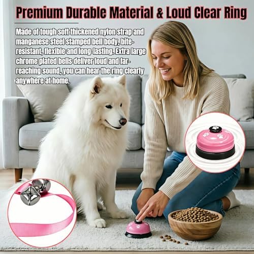 Dog Door Bell for Potty Training, 2-in-1 Set with Adjustable Hanging Bell(Includes 7 Stainless Steel Bells) and Metal Press Call Bell,Pink