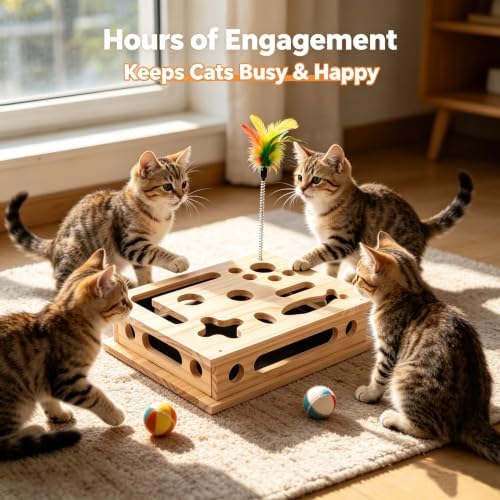 Cat Nail File Box, Solid Wood Scratch Puzzle Enrichment Toy, Hunting Play for Indoor Cats, Reduces Anxiety, Sharpens Claws Naturally
