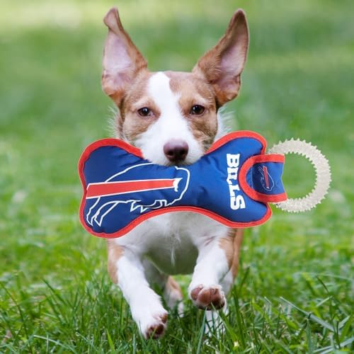 Pets First NFL Buffalo Bills Dental Dog TUG Toy with Squeaker. Tough PET Toy for Healthy Fun, Teething, & Cleaning Pet's Teeth & Gum, Team Color