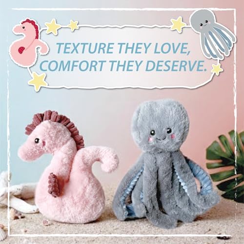 PetLike Plush Sea Animals Toys with Squeaker and Rope,Interactive and Adorable Dog Chew Toys for Medium Large Dogs Biting Training Teething (Pink Seahorse+Grey Octopus)