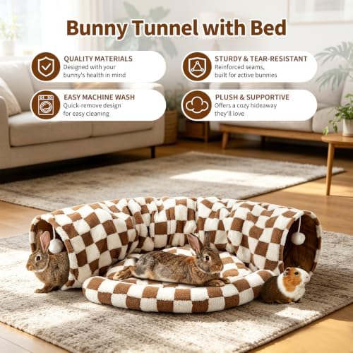 BWOGUE Bunny Tunnel Bed, Brown Plaid 2-in-1 Rabbit Tunnel Hideout with Mat