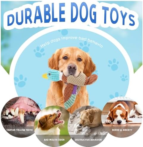 Duck Dog Toys for Aggressive Chewers, Squeaky Crinkle Plush Puppy Chew Toy with Rope Legs for Small Medium Large Dogs, Stuffed Duck Dog Toy for Teething, Tug