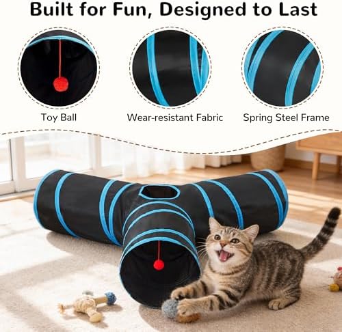 Tempcore Cat Tunnel, 3-Way Collapsible Toy, Large Size Black & Blue