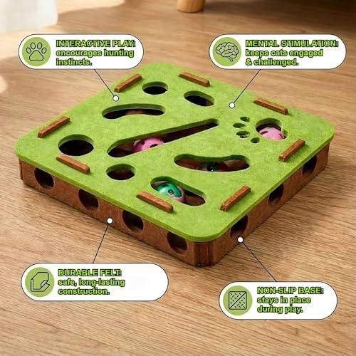 Interactive Cat Puzzle Feeder Toy – Felt Maze Box with 3 Jingle Balls – Mental Stimulation, Slow Feeding & Fun Exercise for Indoor Cats & Kittens (2,Round-Green)