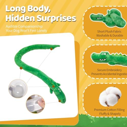 Puffluv Long Squeaky Dog Toys,Soft Crinkle Chew Plush Animal Shape to Reduce Boredom Keep Doggie Busy,Cute Pet Interactive for Puppies &Adult Dog-Crocodile