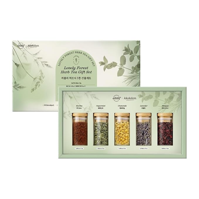 KKOKDAM Lovely Forest Herb Tea Gift Set - 5 Caffeine-Free Loose Leaf Teas in Glass Jars (Rooibos, Peppermint, Chamomile, Lavender, Hibiscus) - Korean Tea Gift Box 0.88oz
