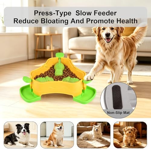 Dog Cat Treat Dispenser Slow Feeder Toy, 3-in-1 Interactive Dog Puzzle Press Toys, Dog Enrichment Toy No-Slip Interactive Brain Training Toys for Smart Dog Cats (Yellow/Green)