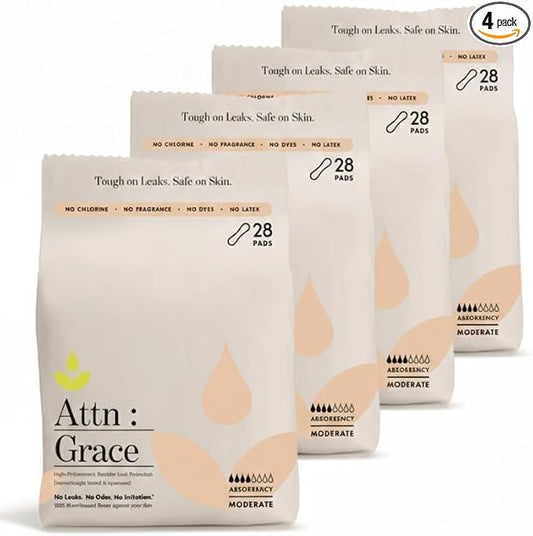 Attn: Grace Moderate Incontinence Pads for Women, 4-Pack (112 Pads Total / 28 per Pack) - Plant-Based, High Absorbency, Breathable - Incontinence Pads for Moderate Bladder Leaks & Sensitive Skin