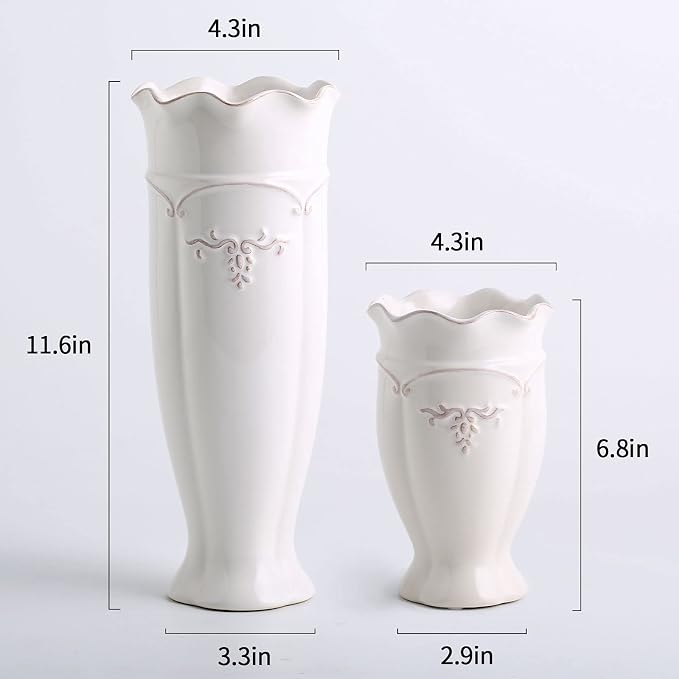 hjn White Ceramic Vase- French Flower Vase for Decor Tall Vintage Vases for Flowers/Home Decoration/Kitchen/Table/Living Room/Shelf/Mantel/Office-Height-11.6"