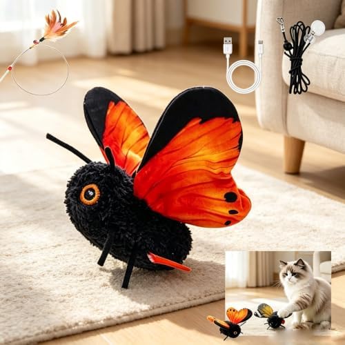 Smart Sensing Flapping Butterfly Cat Toys Interactive, Rechargeable Motion-Activated Butterfly with Realistic Flapping Wings, Electric Hanging, Indoor Cat Enrichment Toy, Soft Plush for Solo Play，red