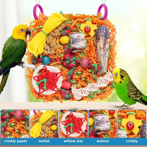 Bird Toys for Small & Medium Parrots - Natural Foraging & Shredding Cage Hanging Toys with Seagrass Mat, Starfruit, Loofah Slices for Budgies, Cockatiels, Lovebirds, Conures (2 PCS)